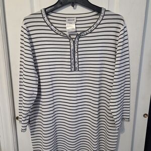 Basler Beaded 3/4 Sleeve Striped Henley Tunic
